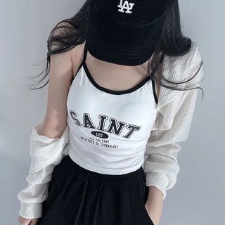 🍒霏夜🍒帶胸墊短版上衣 撞色字母吊帶辣背心 打底內搭小可愛 歐美運動風 無鋼圈細肩帶 無袖 夏天女裝 街頭帥氣 B036