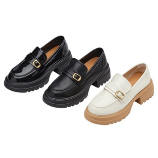 【Grace Gift】樂福鞋 包鞋 皮鞋女【復古圓頭方釦輕量中跟樂福鞋】3色 35-41號 厚底鞋