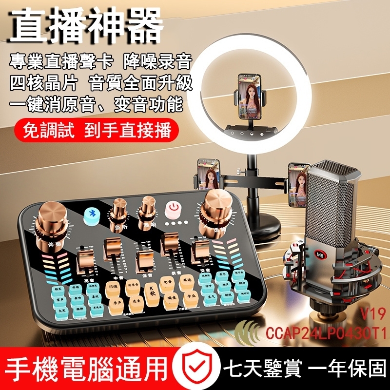 🔥台灣現貨🔥快速出貨🔥免運V19聲卡套裝 直播聲卡設備全套 主播錄音唱歌專用 一鍵消音 雙頻降噪電腦手機通用 錄音麥克風