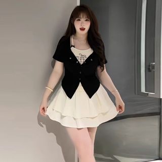 佰分佰/100kg內可穿/大尺碼女裝/假兩件/方領短袖T恤/顯瘦/不規則/設計感/小眾正肩上衣/女生套裝