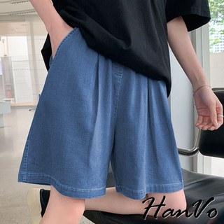 【HanVo】薄款牛仔闊腿高腰五分褲 垂感百搭顯瘦鬆緊腰 韓系寬褲A字褲 女生衣著 A03-2107