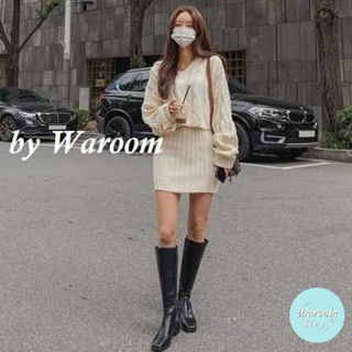 Waroom|現貨 特價399元 韓款連帽短版寬鬆麻花針織上衣＋高腰包臀裙|套裝|女裝|短版針織|高腰|兩件套 8848