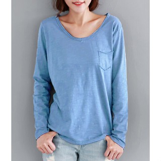 「M~XL。臺灣現貨」5色 V領 捲邊口袋 竹節棉 休閒長袖 上衣 (C2084)