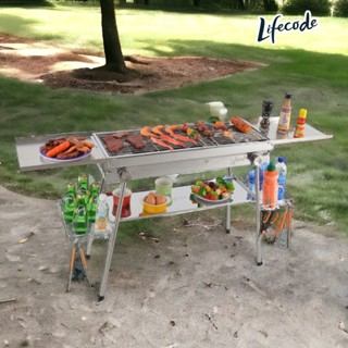 【LIFECODE】戰艦特大烤肉架/燒烤爐/鐵板燒/BBQ(304不鏽鋼雙蓋煎盤+304升降烤網+置物盤+籃子x2)