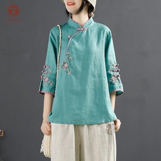 🔥店長推薦 國潮 漢服上衣 大尺碼漢服 中國風 改良漢服 棉麻襯衫女 中式立領盤扣上衣斜襟 繡花茶服 國風