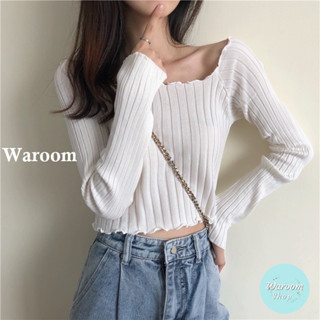 Waroom|現貨 A565 秋冬韓系捲邊短版長袖針織上衣|女裝|修身顯瘦|短款上衣|花邊|木耳邊|坑條上衣|彈性|露臍