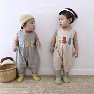 三色小熊背心爬服-【現貨】ins兒童連體服新款韓版男女童中性三色小熊印花背心口袋揹帶褲百搭款吊帶褲揹帶褲連身褲