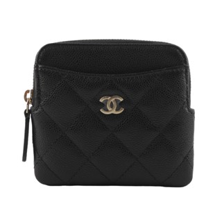 CHANEL 淡金色CC Logo 荔枝牛皮ㄇ形拉鍊附5卡零錢包(黑色) AP2061 B10583 C3906