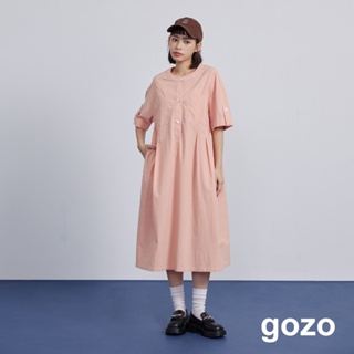 【gozo】➤壓線雙口袋打褶造型洋裝(桔色/黑色_F) | 女裝 修身 百搭