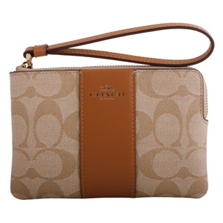 COACH-烙印金馬車駝槓條滿版LOGO單層手拿包(淺卡其X棕槓)