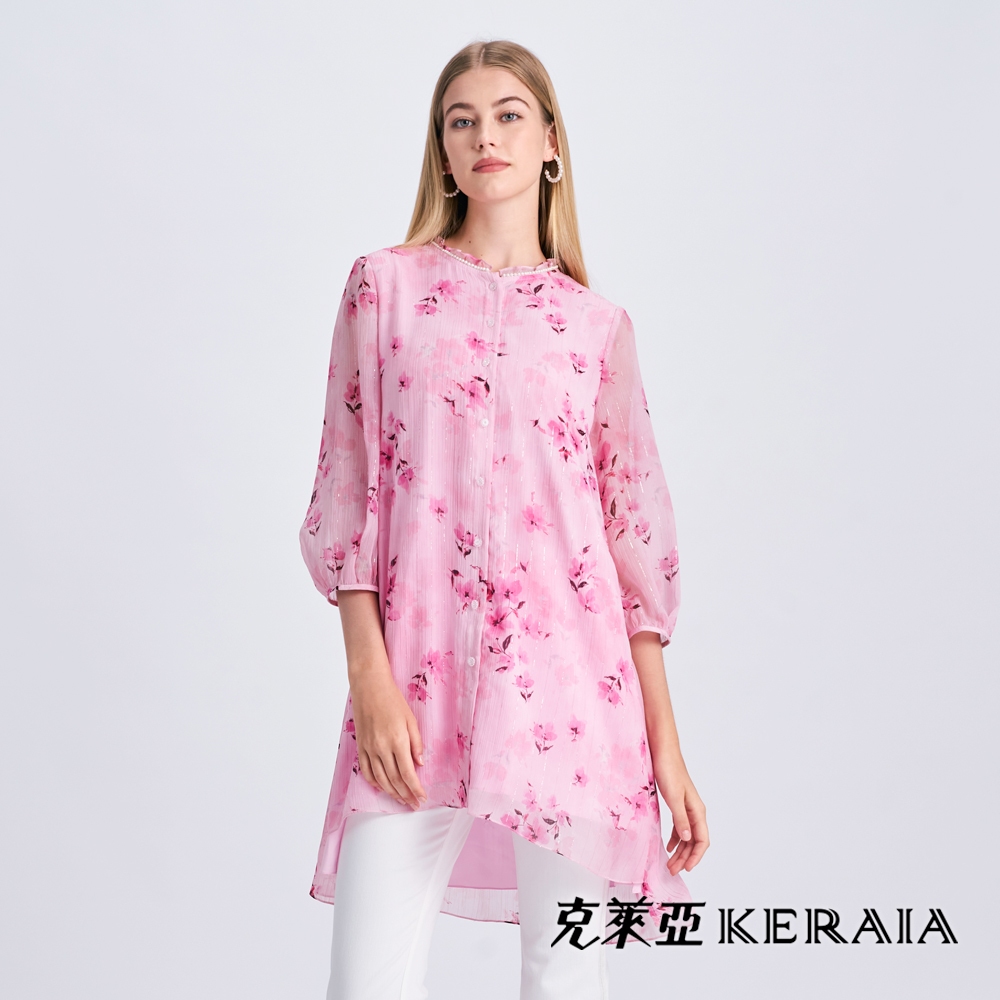 【KERAIA 克萊亞】柔美綻放雪紡印花長罩衫