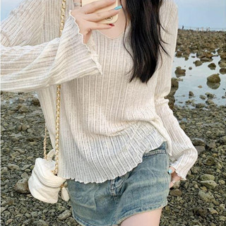✨ 四葉幸運草~* ✨4290微透木耳邊 防曬 辦公室空調 罩衫🌈女夏季 薄款長袖 寬鬆 慵懶感🌈T恤 甜辣妹 上衣J