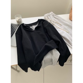花灰灰🌟心動顯瘦感 l 黑色 M-L慵懶設計感假兩件拼接圓領坑條紋長袖針織衫 初秋新款寬鬆顯瘦百搭長袖上衣 針織衫