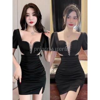 *公主世界* 💕超美 氣質 💕風情萬種 方領短袖深V純欲性感時尚網紗接拼釘珠修身顯瘦包臀開叉禮服連身裙