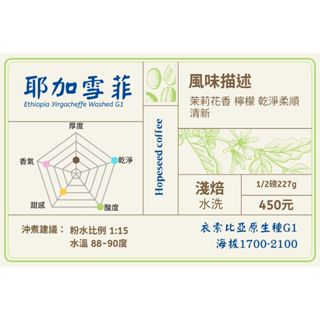 ＜希望種子咖啡＞衣索比亞 耶加雪菲 水洗 G1(耳掛包，淺焙) 自家烘焙 精品咖啡
