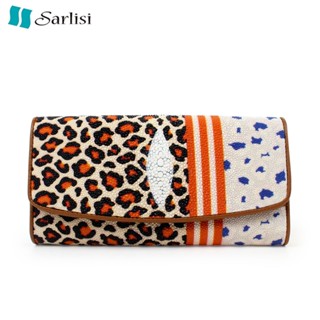 【臺灣現貨】Sarlisi 泰國正品真皮無拼接珍珠魚皮長款錢包女士新款長夾手拿包大容量三折錢包