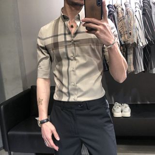 👕帥氣爆款襯衫👕男士襯衫格子衫韓版修身襯衣百搭襯衫痞帥潮流五分袖休閒卡孕打底衫時尚襯衫潮牌襯衣高品質短袖立領上衣透氣襯衣