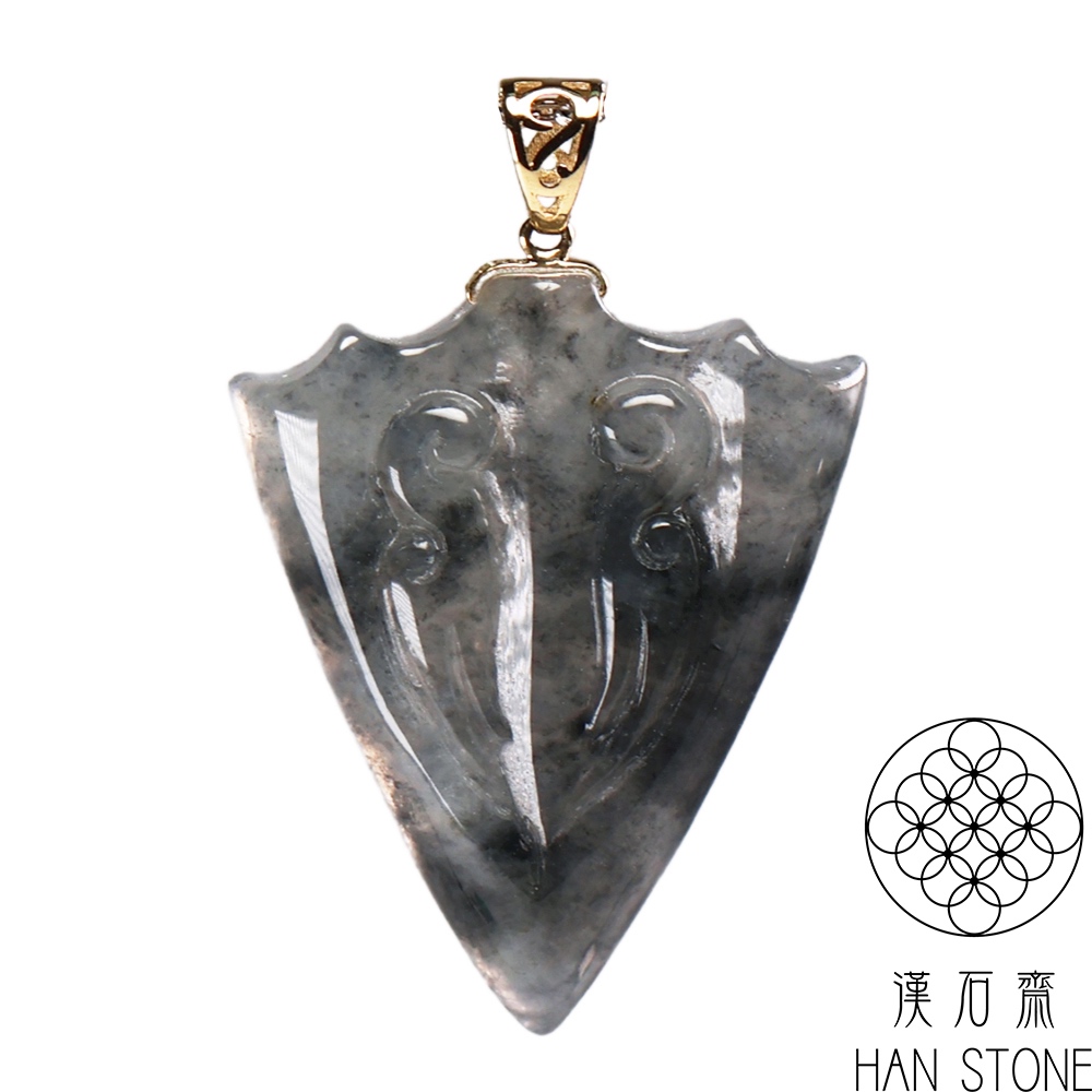 【漢石齋】天然翡翠A貨 古紋箭鏃18K金墜頭玉佩吊墜 冰糯種山水墨翠(20*25*4mm)