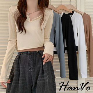 【HanVo】氣質假兩件式小V領長袖上衣 法式溫柔親膚透氣短版 韓系女裝 女生衣著 A02-1893