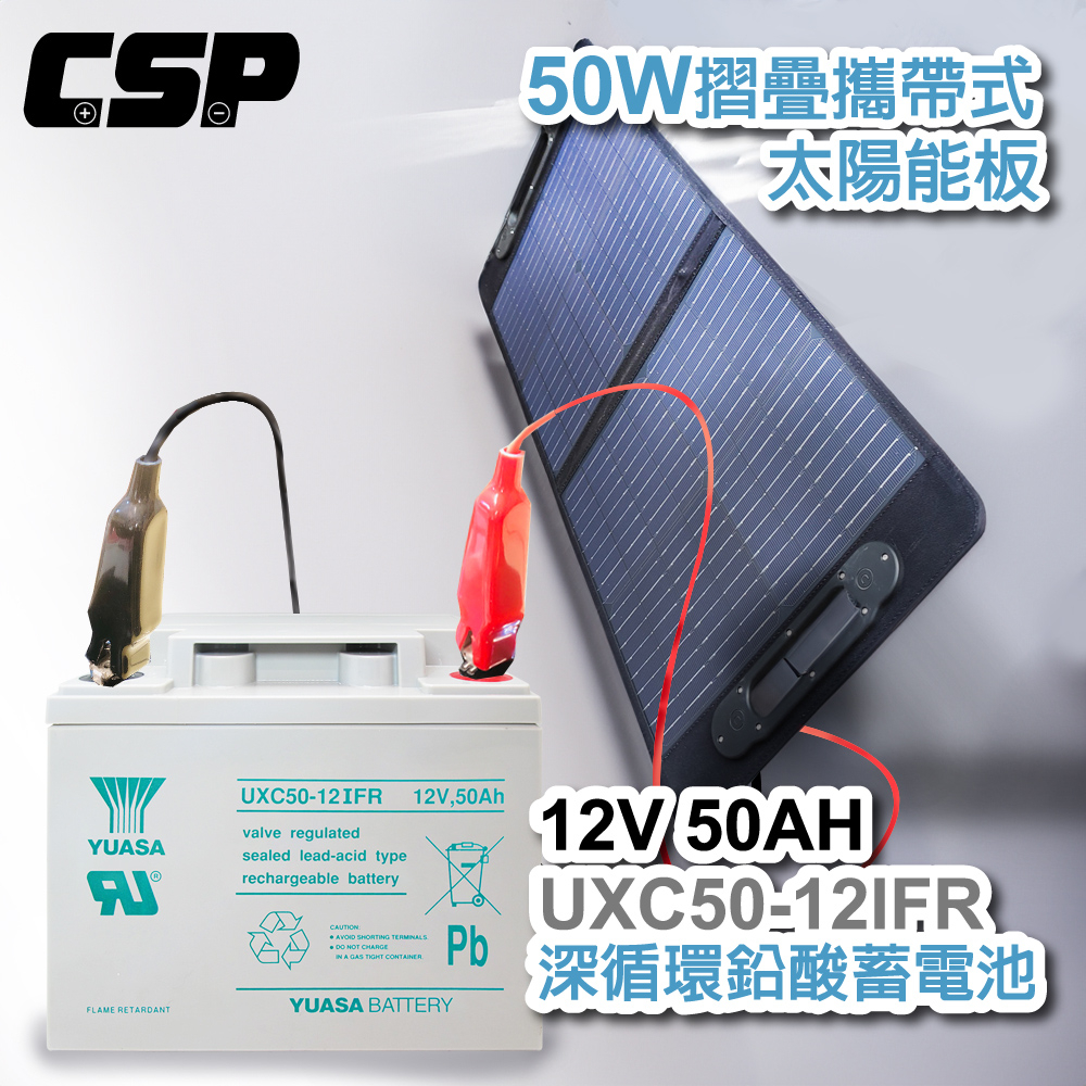【CSP】太陽能板+深循環電池12V50W 露營戶外用 電瓶充電 連接手機充電 露營車UXC50-12IFR+SP-50