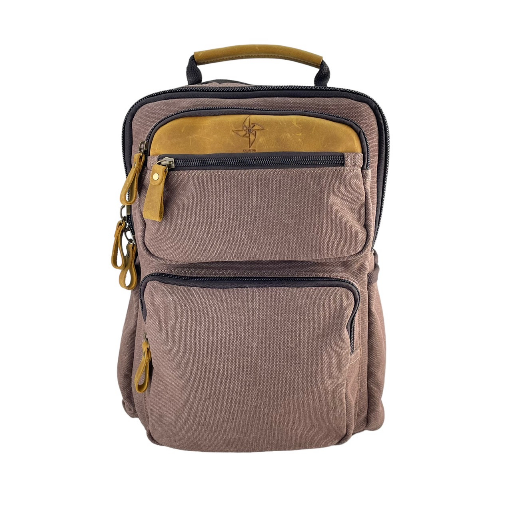 【雅格 YAGER】帆布素面多口袋實用中容量後背包(13吋) 含行李箱拉桿袋 黑色/啡色 K1430(小)
