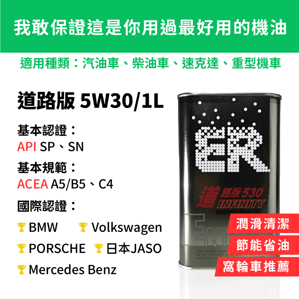 【ER酯類機油】 5W30 節能省油 通過API SP、SN等級 符合ACEA A5/B5及C4規範