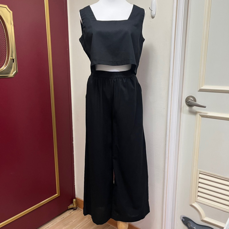 黑色 純色 無袖 兩件式 背心+寬褲 個性 歐美感 套裝
