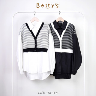betty’s貝蒂思(25)假兩件針織條紋長袖襯衫(白色)