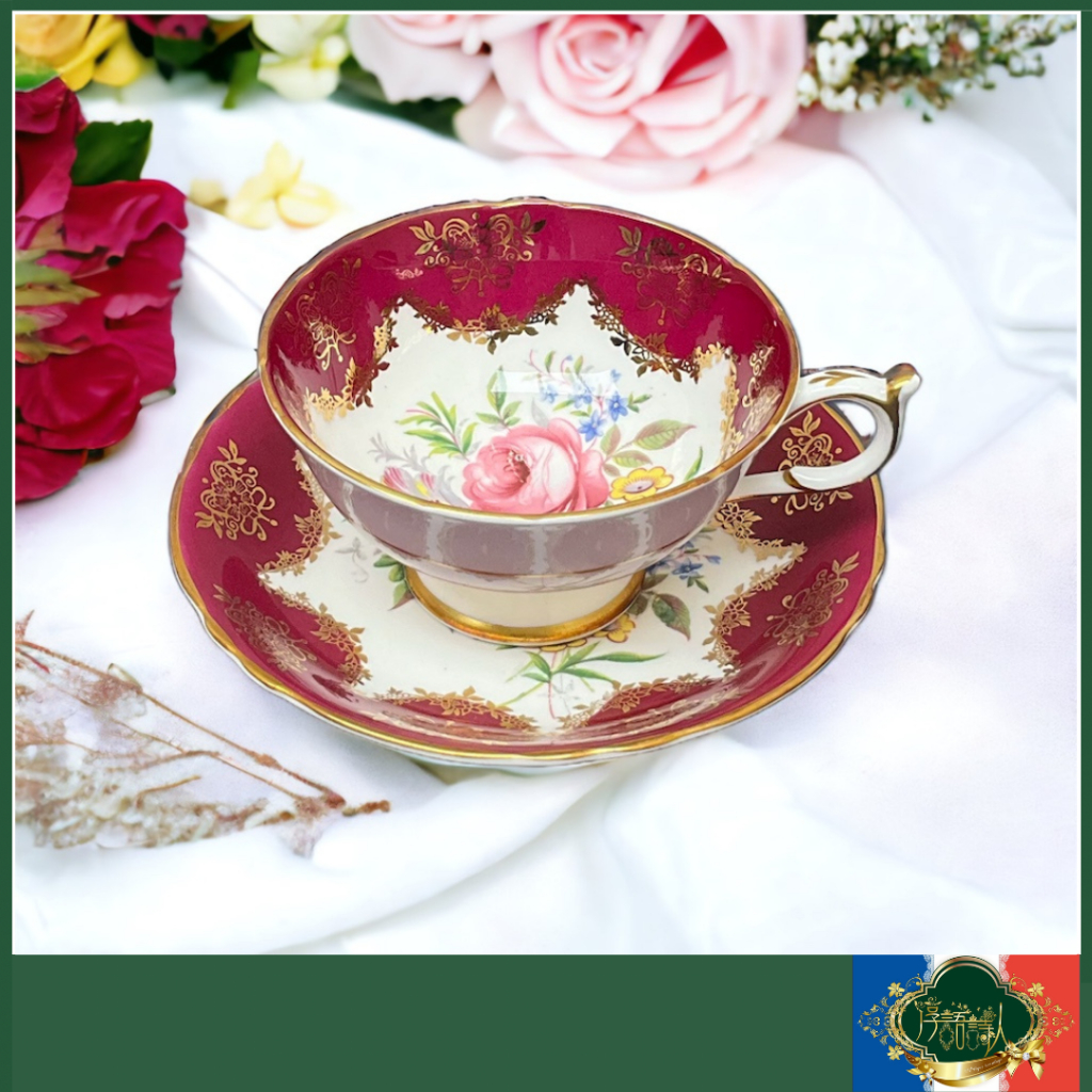 🌹淳語詩人西洋古物｜英國絕版名瓷Paragon玫瑰花金色蕾絲圍邊花茶杯盤組-深紅色