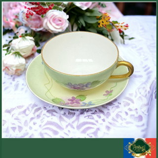 🌹淳語詩人西洋古物｜法國Limoges1894年作品-繽紛可愛的全手繪紫花綠色咖啡杯盤組