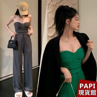 桃心領上衣長褲套裝【6300 】PAPI 春夏新款韓系INS修身顯瘦氣質平口無袖拖地露肩上衣 高腰褲 長褲套裝女