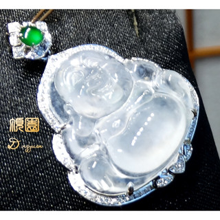 ＊頂園翡翠＊《極品木拿泛光玻璃種翡翠「彌勒佛」緬甸玉18K金鑽墜》保證A貨