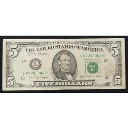 【全球郵幣】美國 USA 紙鈔1988年版 5元小頭版 聯邦代碼L12 XF
