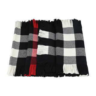 BURBERRY黑白大格紋設計流蘇飾邊綿羊毛圍巾(黑x白x紅)