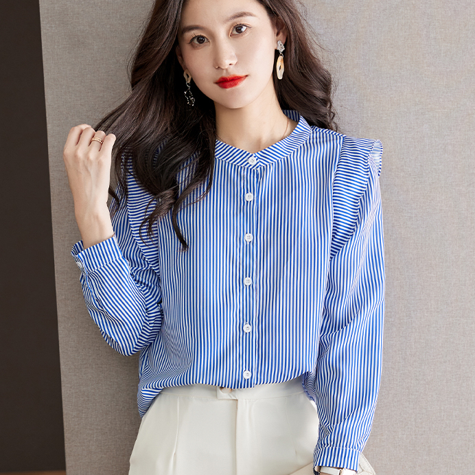 衣時尚 上衣 長袖襯衫 藍色條紋襯衫立領荷葉邊法式韓國上衣別緻小衫T651-822.