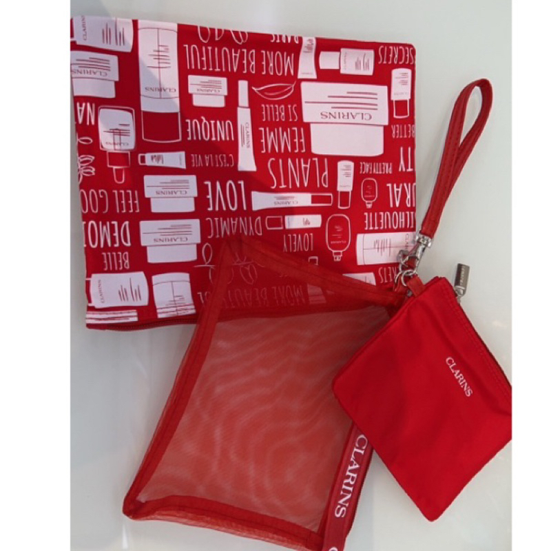 【RITA美妝】CLARINS 克蘭詩 三件式化妝包☘️蕾絲風格化妝包☘️帆布環保側背包  ♻️電子發票