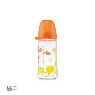 《全新現貨》【NIP】德國製矽膠寬口徑防脹氣玻璃奶瓶-240ml橘羊(中圓洞奶嘴)