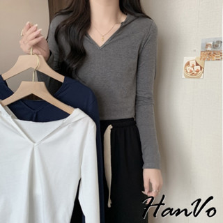 【HanVo】雙面磨毛德絨V領連帽長袖 保暖系列修身簡約內搭衣 韓系上衣 女生衣著 A02-1924