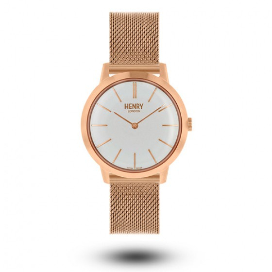 HENRY LONDON 英國設計師品牌手錶 | 復古簡約手錶-白面 / 玫瑰金指針 / 不鏽鋼玫瑰金米蘭錶帶 34mm