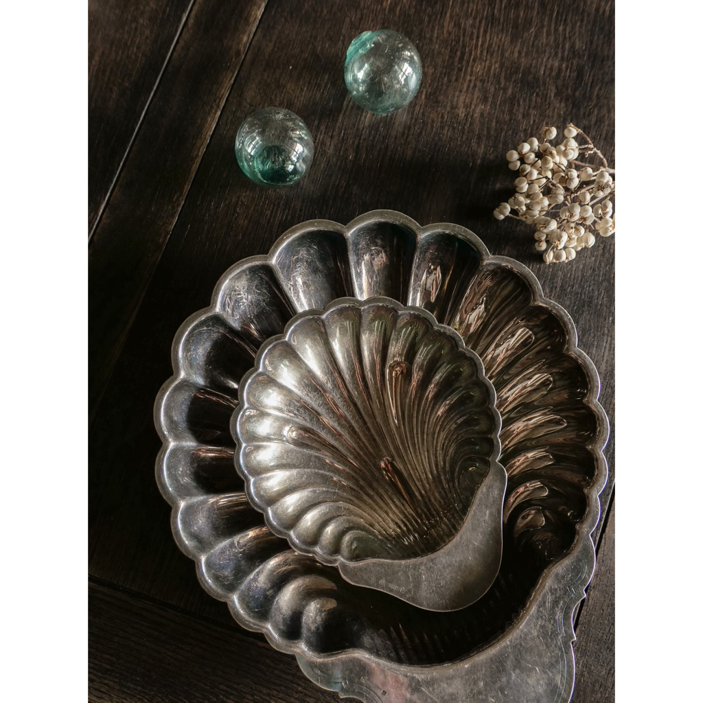 日本 貝型飾盤 貝殼盤 銅鍍銀 淺皿
