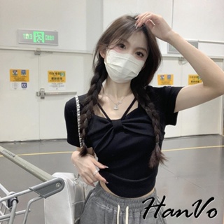 【HanVo】甜美公主蝴蝶結修身短袖上衣 涼感舒適透氣親膚設計感上衣 韓系女裝 女生衣著 0059