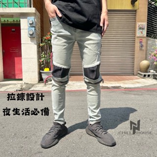 【CH】重磅窄管皮革拉鍊補釘牛仔長褲 似D2褲 歐美潮流 男生破褲 黑色機車褲 修飾身形 淺色牛仔褲#31730