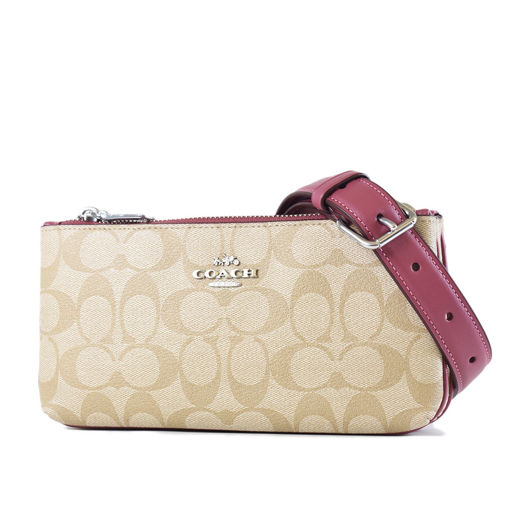 COACH 緹花LOGO雙層拉鍊置物斜背包-覆盆莓紅【美國正品 現貨】