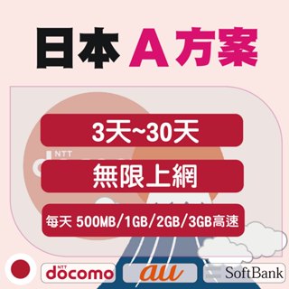 日本【DOCOMO】【AU】【SOFTBANK】A方案 支援3大電信 無限上網 每天500MB/1GB/2GB/3GB