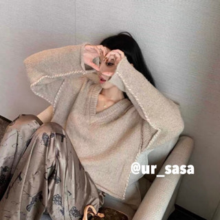 💗現+預｜愛哭包｜慵懶復古手勾V領軟糯落肩寬鬆針織長袖毛衣