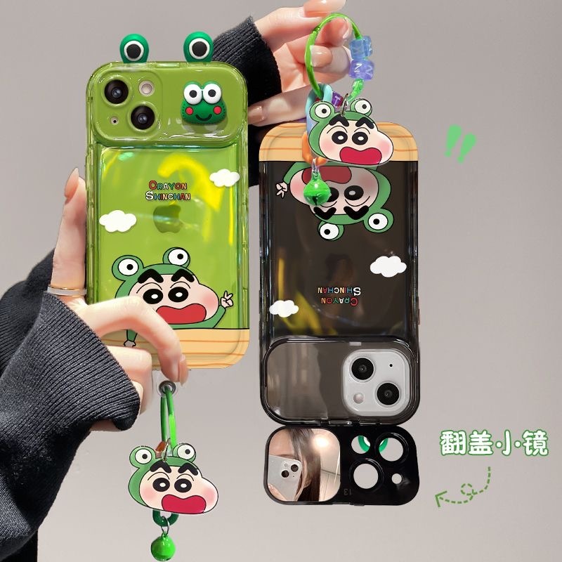 卡通可愛立體青蛙小新 iPhone 15 pro 手機殼14 12 11 13 xs max xr補妝鏡子支架附同款支架