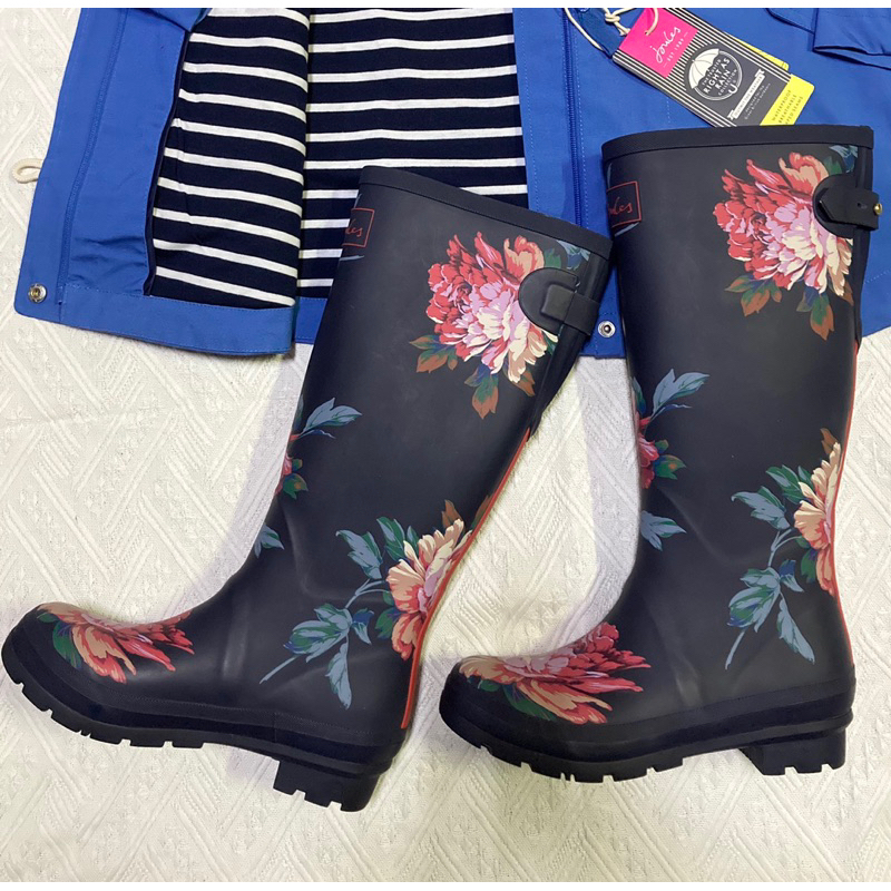 Miolla 英國品牌 Joules 深藍底色牡丹花朵高筒雨靴/雨鞋