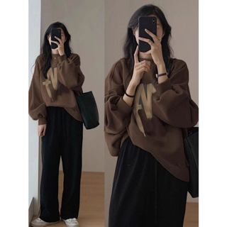 美拉德風 穿搭潮牌圓領衛衣女春秋/加絨加厚 復古oversize小個子寬鬆chic上衣