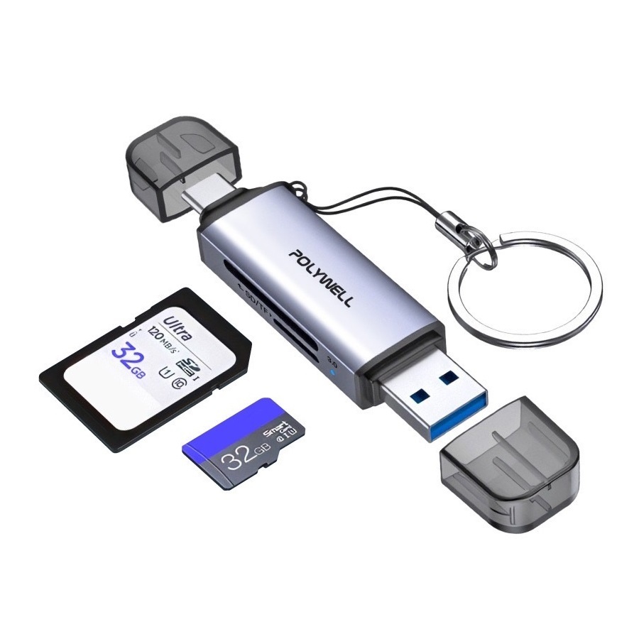 【附發票+鑰匙圈掛繩】POLYWELL USB3.0 TF/SD 記憶卡 高速讀卡機 USB Type-C 雙插頭