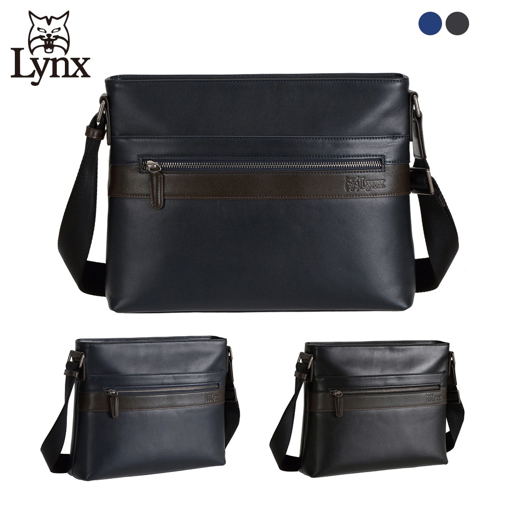 【Lynx】美國山貓頂級進口nappa軟皮商務橫式側背包 大款 (藍/黑) LY19-1505